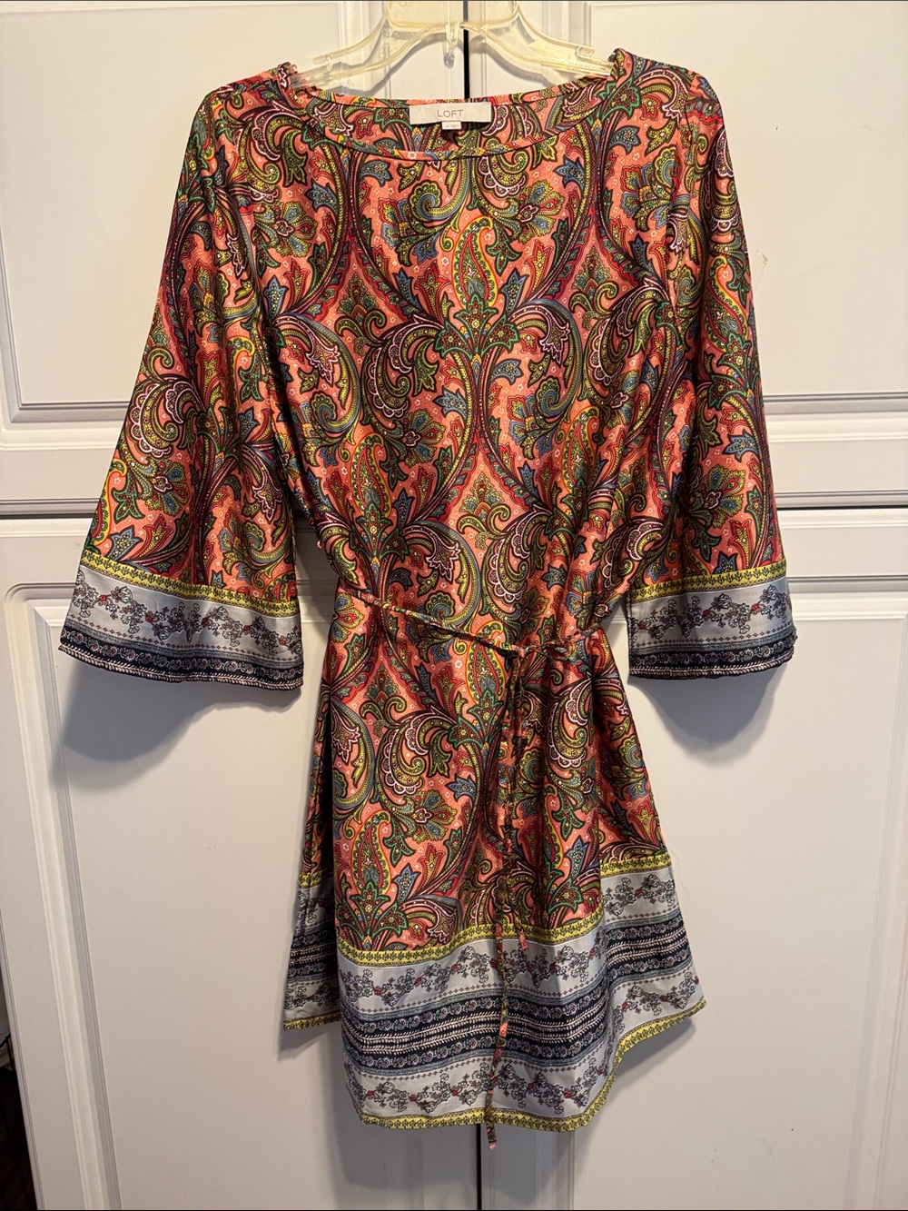 LOFT Coral Paisley Tie-Waist Mini Dress with Green & Blue Accents